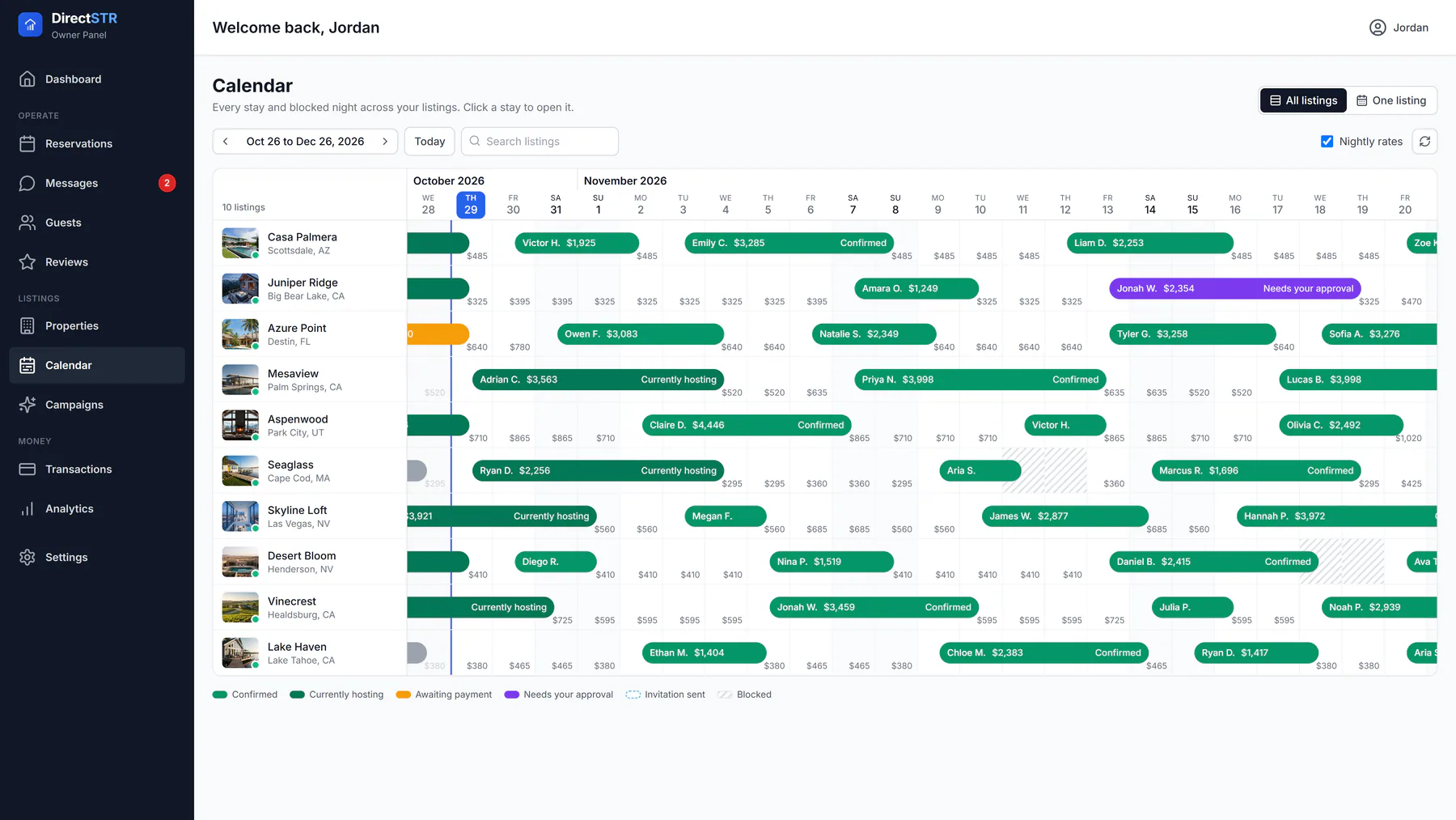 The DirectSTR owner calendar: every stay across a ten-home portfolio