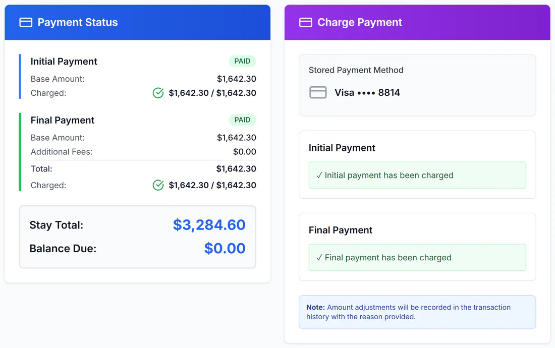 A reservation's payments: the initial and final payments marked paid, a $3,284.60 stay with $0.00 due