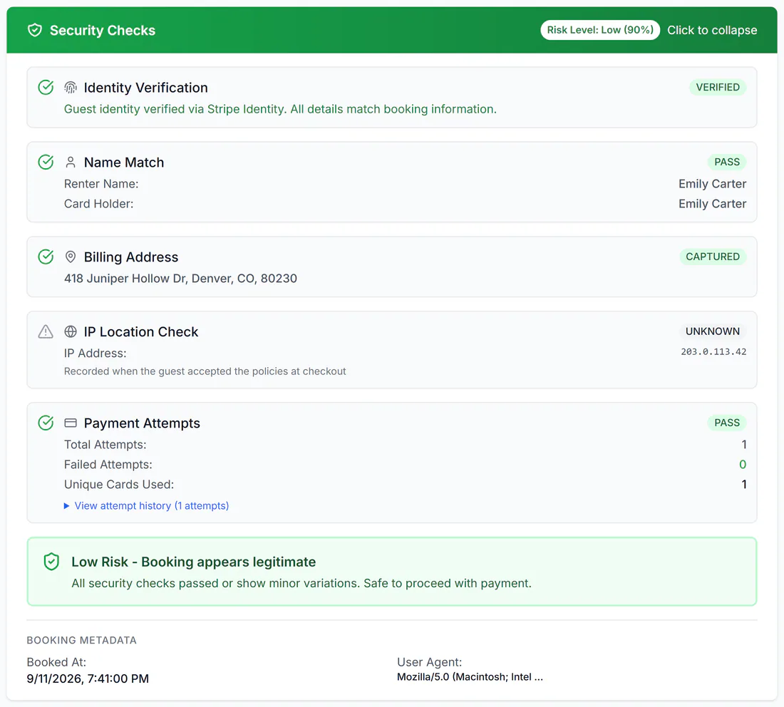 Security Checks on a reservation: identity verified, name match, billing address and payment attempts, rated low risk