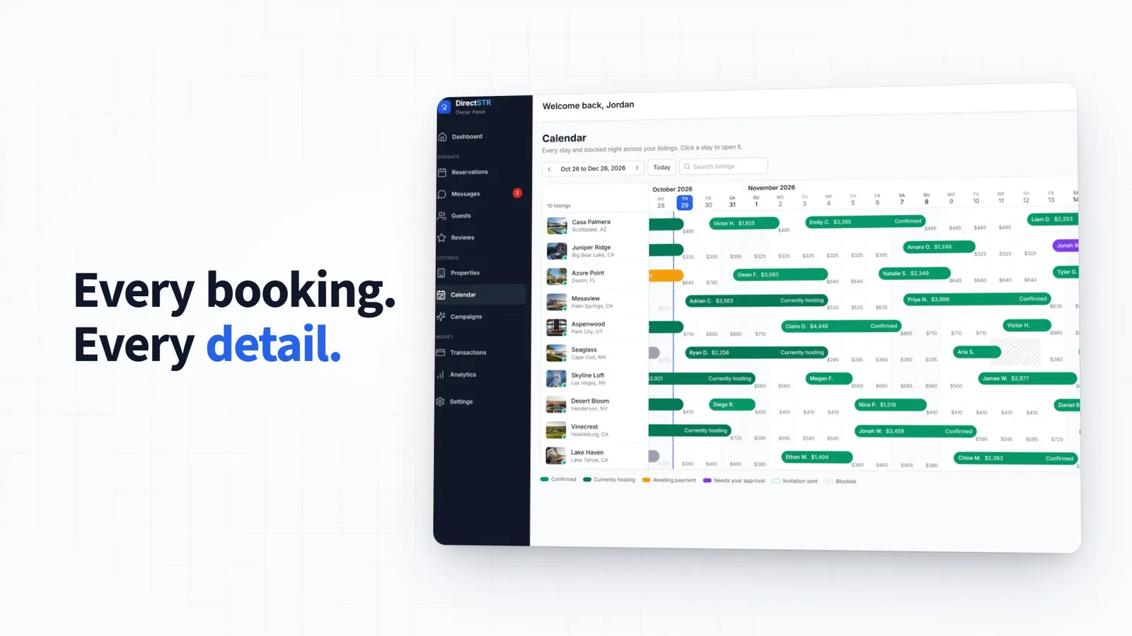 Every booking, every detail: the DirectSTR owner calendar